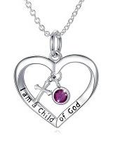 teensy silver cross baby February birthstone necklace